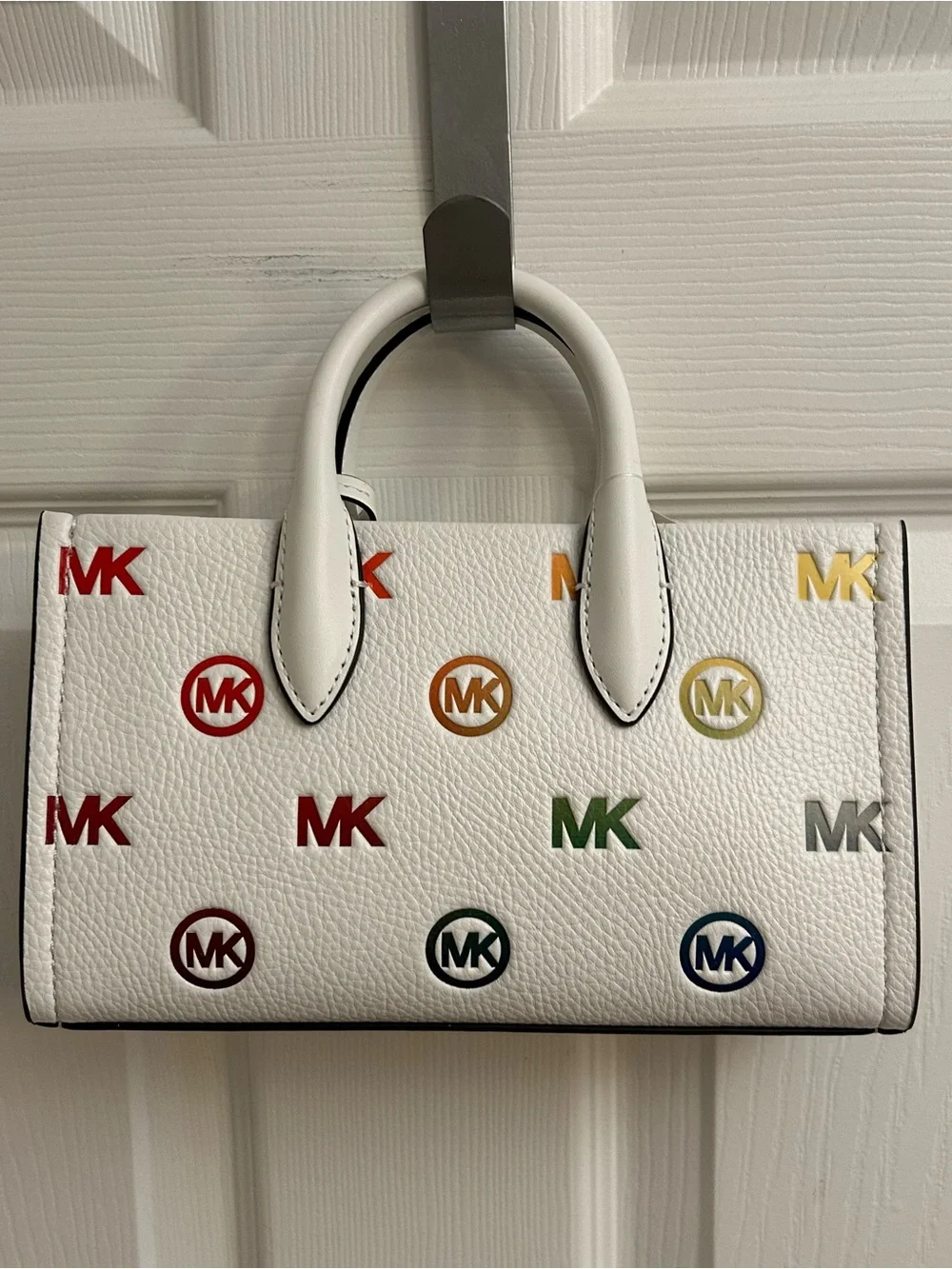 Michael Kors White Leather Satchel with Multicolor MK Accents